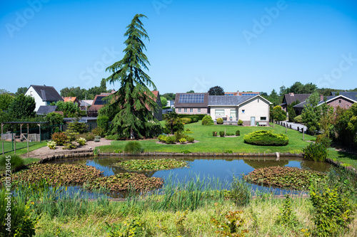 High angle view over backyard and detached luxury houses in Stokrooie, Hasselt, Belgium photo