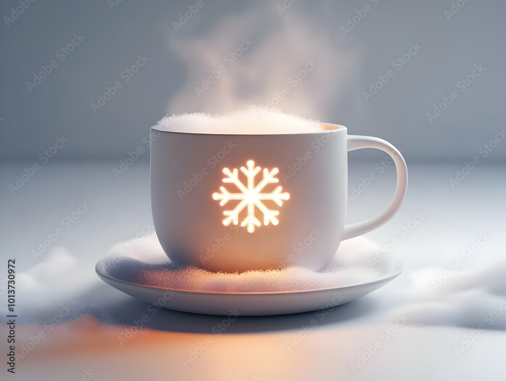 Cozy Winter Scene: Flat Holographic Snowflake & Glowing Mug Design with Ample Copy Space - Ideal for Seasonal Promotions Cozy Winter Scene: Flat Holographic Snowflake & Glowing Mug Design with Ample Copy Space - Ideal for Seasonal Promotions
