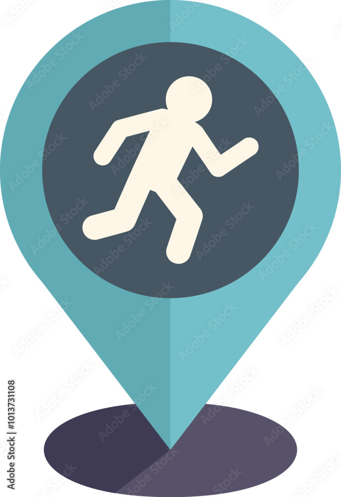 Blue map pin point icon showing a running man symbol Blue map pin point icon showing a running man symbol