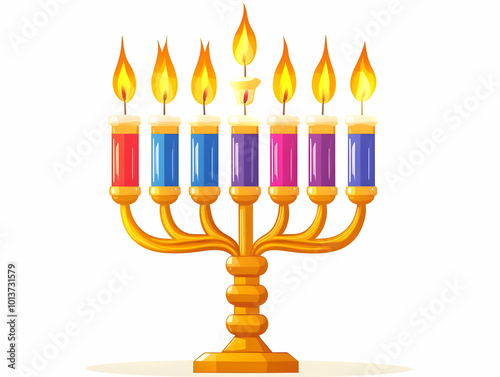 Glossy Flat Menorah with Holographic Glowing Candles and Dreidel on Isolated White Background - Modern Festive Vector Illustration with Ample Copy Space for Promotions