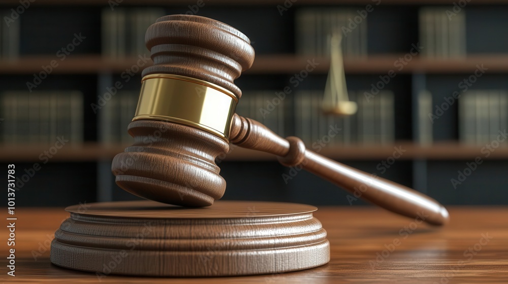 A wooden gavel resting on a round base, symbolizing justice and authority in a courtroom setting with books in the background. A wooden gavel resting on a round base, symbolizing justice and authority in a courtroom setting with books in the background.