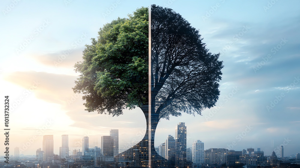 Fototapeta premium A tree symbolizes the contrast between nature and urban life, depicted against a city skyline, highlighting environmental themes.