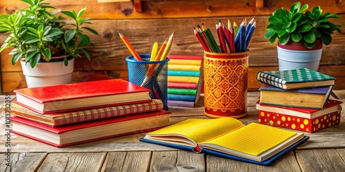 Brightly colored Spanish books and notebooks rest on a wooden desk, accompanied by various stationery supplies, offering an inspiring environment for exploring the language creatively.