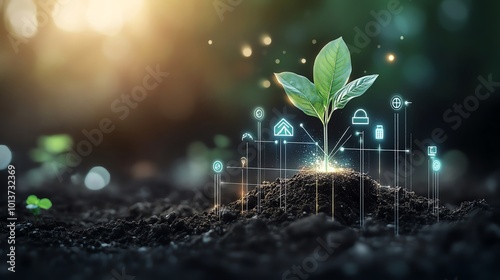 A young plant sprouts in fertile soil with digital icons, symbolizing sustainable growth, technology integration, and innovation in agriculture.
