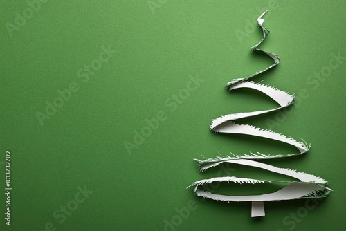 Christmas made with white paper on green background, Torn Paper Christmas Tree on Green Background. Perfect for holiday-themed designs, Holiday card, banner design, Christmas festive.