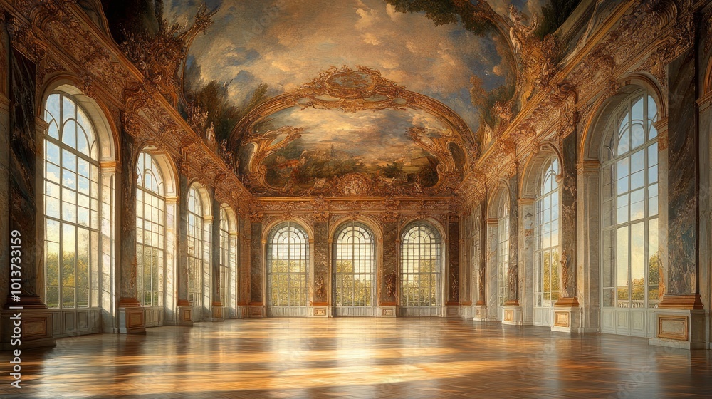A grand hall with large windows, ornate decorations, and a painted ceiling. A grand hall with large windows, ornate decorations, and a painted ceiling.