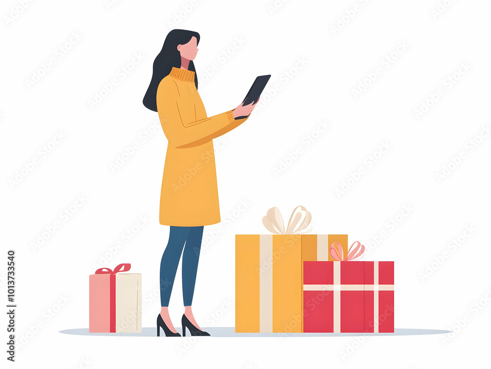Flat Vector Illustration of Candid Shopper Using Mobile App for Cyber Monday Discounts, Showcasing Ease of Mobile Shopping with Phone Focus Flat Vector Illustration of Candid Shopper Using Mobile App for Cyber Monday Discounts, Showcasing Ease of Mobile Shopping with Phone Focus