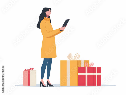 Flat Vector Illustration of Candid Shopper Using Mobile App for Cyber Monday Discounts, Showcasing Ease of Mobile Shopping with Phone Focus