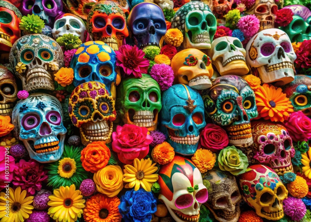Celebrate Mexican culture with vibrant Day of the Dead designs, featuring colorful skulls and flowers that embody life, remembrance, and joy in a stunning display.