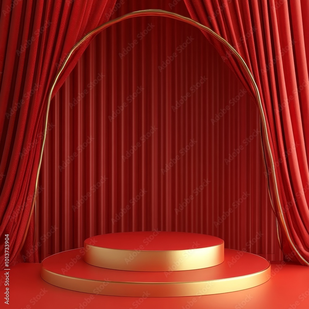 Golden podium on the red curtain background. 3d render illustration. Golden podium on the red curtain background. 3d render illustration.