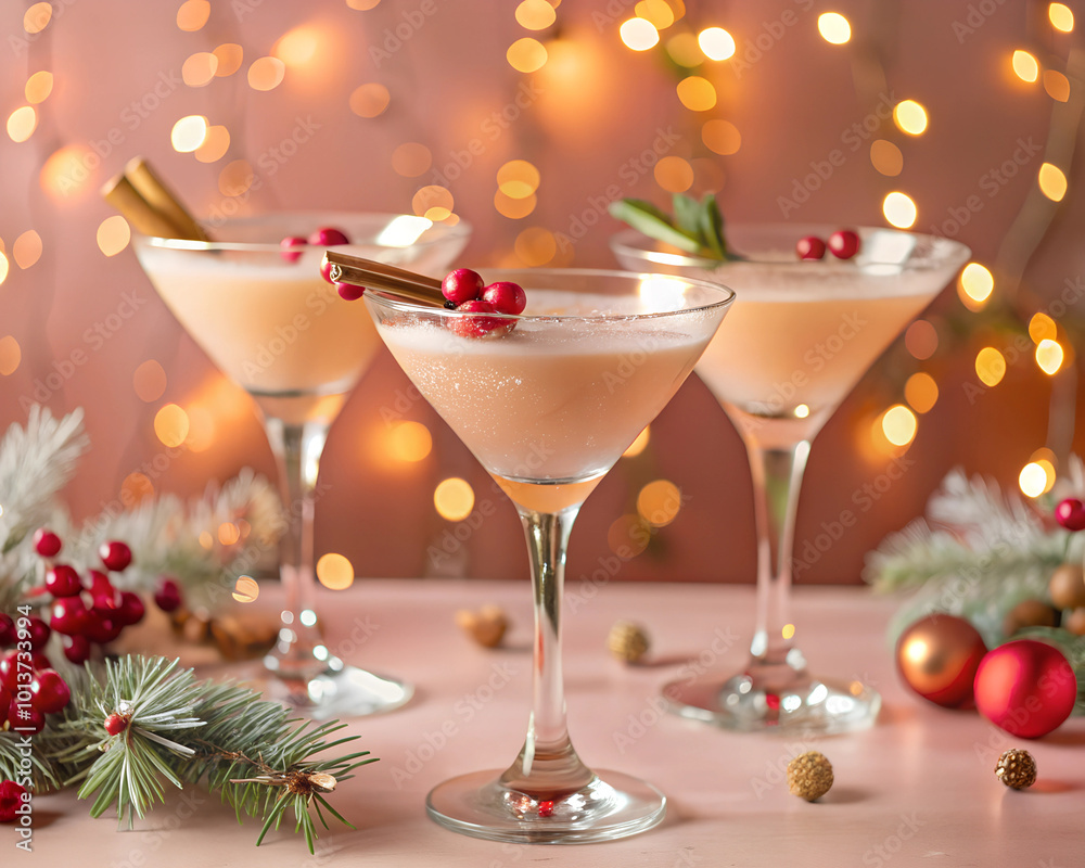 Glasses of cocktails with Christmas decoration on bokeh lights background