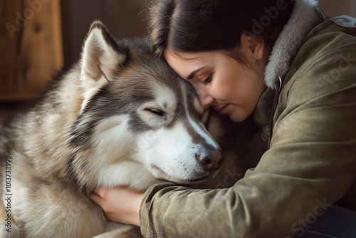 A person sitting on the floor, embracing a large dog during a quiet moment, the dog leaning in close, providing comfort