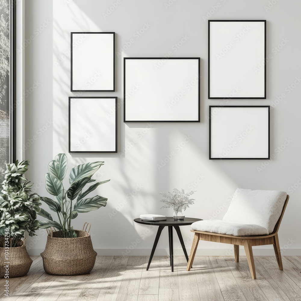 This image features a gallery wall with five empty frames, complemented by a cozy chair and lush plants, lit by sunlight, enhancing its calm ambiance. This image features a gallery wall with five empty frames, complemented by a cozy chair and lush plants, lit by sunlight, enhancing its calm ambiance.