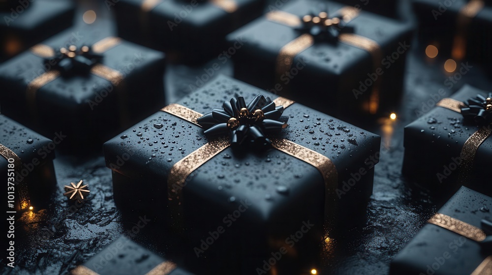 a collection of sleek black gift boxes arranged artistically on a dark surface embodying the excitement of black friday discounts and holiday shopping a collection of sleek black gift boxes arranged artistically on a dark surface embodying the excitement of black friday discounts and holiday shopping