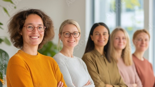 Diverse team of women in casual attire collaborating in a modern office space