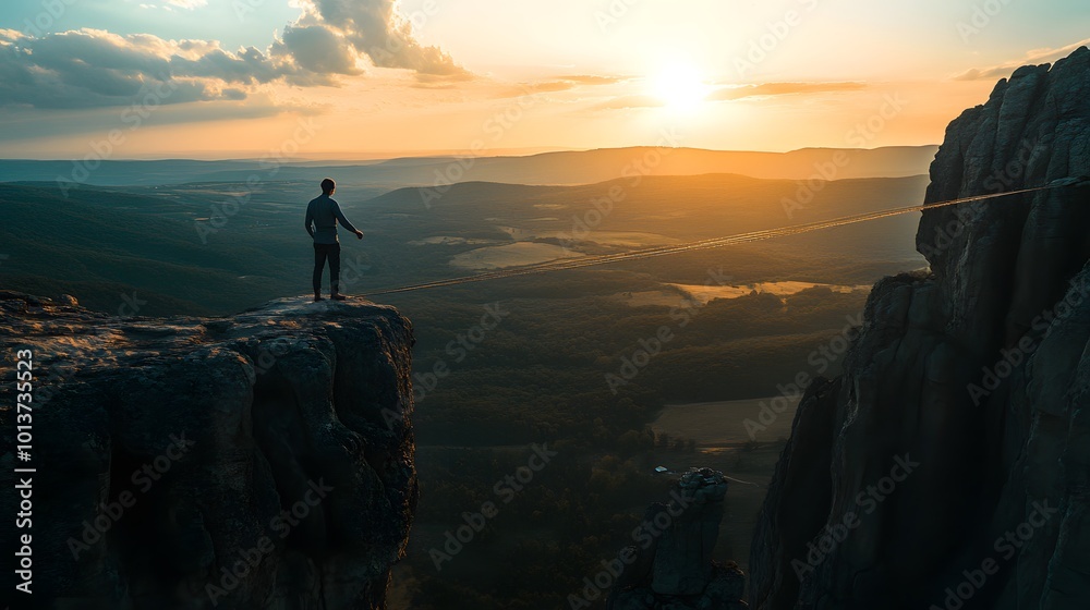 Emotional intelligence and balance depicted through a man walking a tightrope between contrasting emotional states, symbolizing psychological stability and mindfulness Emotional intelligence and balance depicted through a man walking a tightrope between contrasting emotional states, symbolizing psychological stability and mindfulness