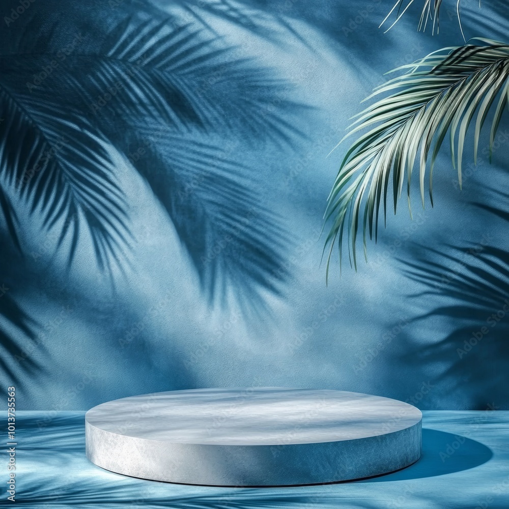 Abstract blue background with round podium and palm leaves. 3d render Abstract blue background with round podium and palm leaves. 3d render