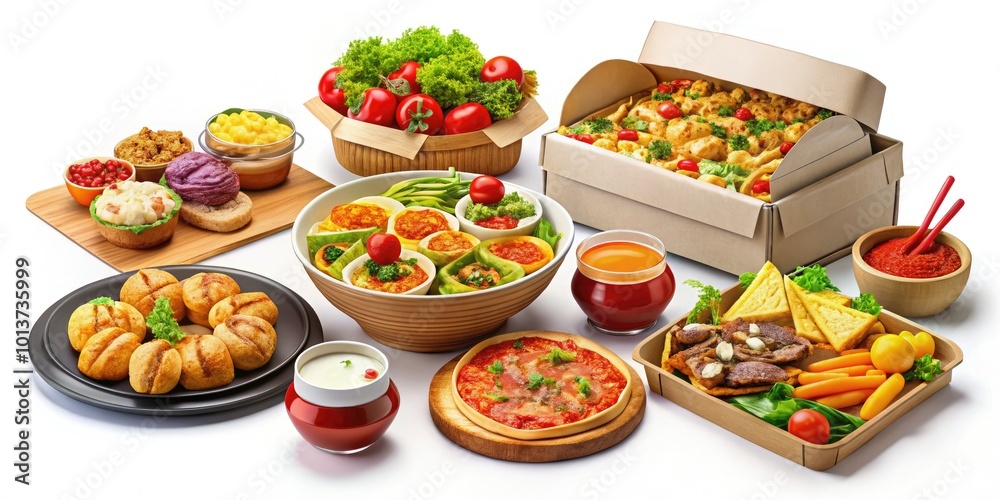 Fototapeta premium Colorful and Fun Food Delivery Clip Art with Various Dishes and Delivery Elements for Design Use