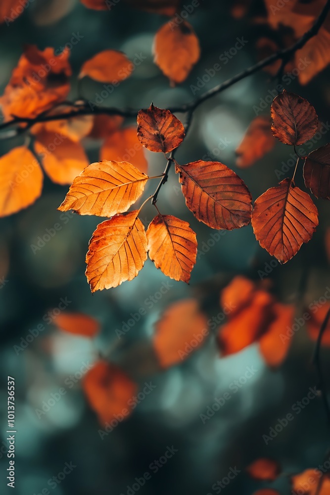 Autumn leaves in shades of orange and red with blurred background Autumn leaves in shades of orange and red with blurred background