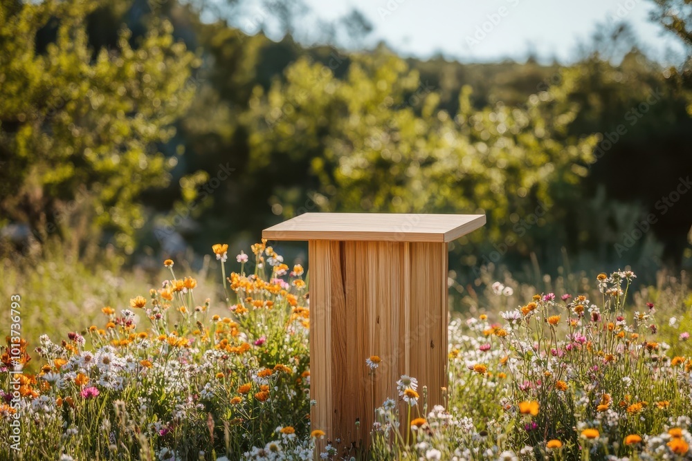 Wooden podium surrounded by blooming wildflowers, set in an outdoor ceremony against a serene natural backdrop Wooden podium surrounded by blooming wildflowers, set in an outdoor ceremony against a serene natural backdrop