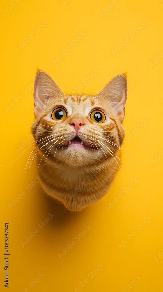 A cute orange cat looking up at the camera, sitting on an isolated yellow background with copy space A cute orange cat looking up at the camera, sitting on an isolated yellow background with copy space