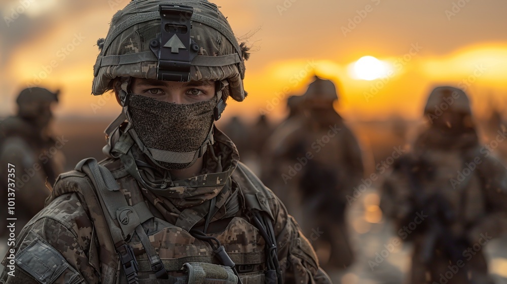 Close-Up Portrait of a Soldier in Camouflage During Sunset Close-Up Portrait of a Soldier in Camouflage During Sunset