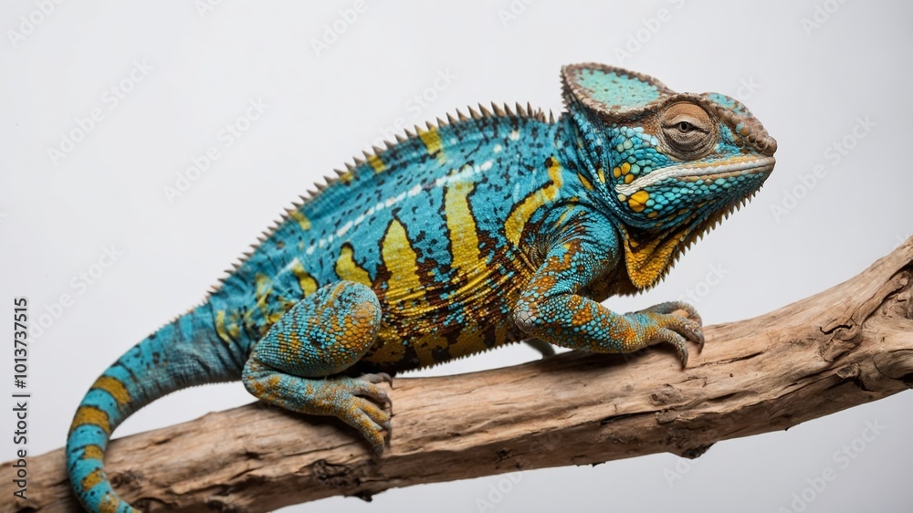 Beautifully colored chameleon lizard perched on a branch and isolated on a white background Beautifully colored chameleon lizard perched on a branch and isolated on a white background