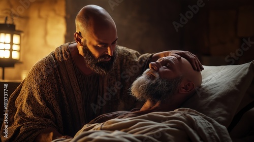 Cinematic, Ananias approaching a blind and bearded Saul, bald and aged, lying on a simple cot in Damascus photo