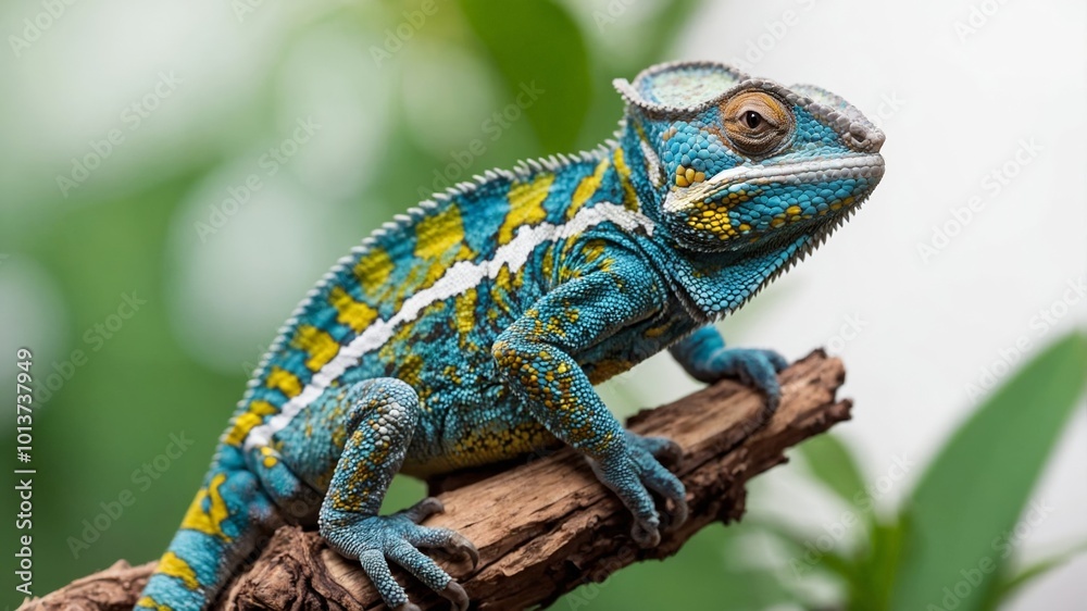Beautifully colored chameleon lizard perched on a branch and isolated on a white background Beautifully colored chameleon lizard perched on a branch and isolated on a white background