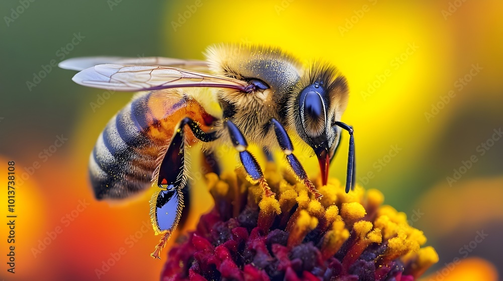 Pair of bees working together on a flower, highlighting the teamwork and natural process of pollination in a bright, colorful setting. Pair of bees working together on a flower, highlighting the teamwork and natural process of pollination in a bright, colorful setting.