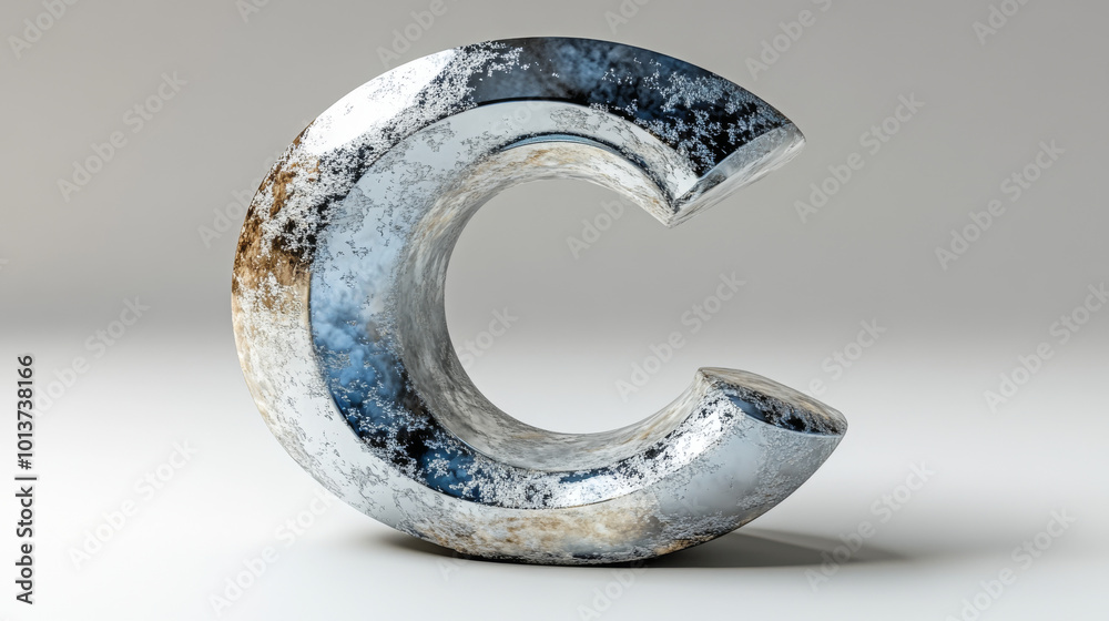A stylized, metallic letter C, rendered in a 3D program, with a distressed, textured surface. A stylized, metallic letter C, rendered in a 3D program, with a distressed, textured surface.