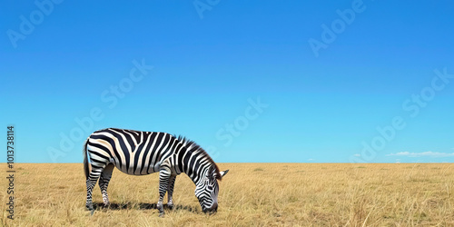 A zebra grazing in an African savannah, its bold black and white stripes highlighted against a bright blue sky. photo