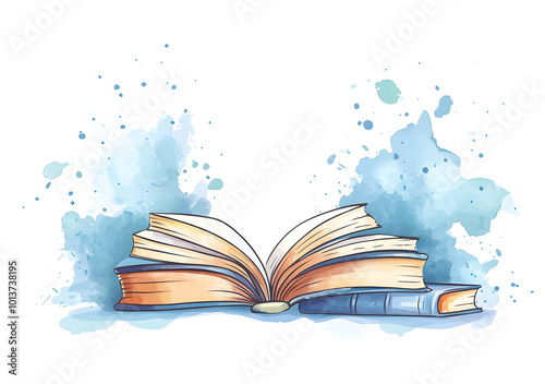 The background of the cartoon vector graphic design is white, with colorful books and watercolor splashes design