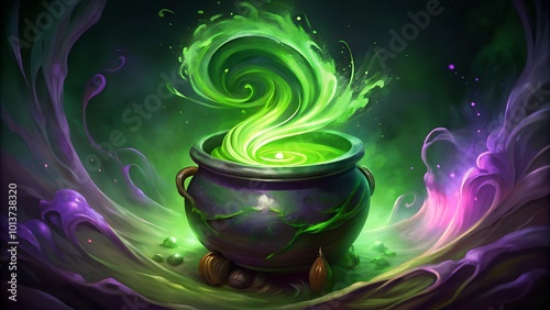 Glowing green cauldron with magical potion.