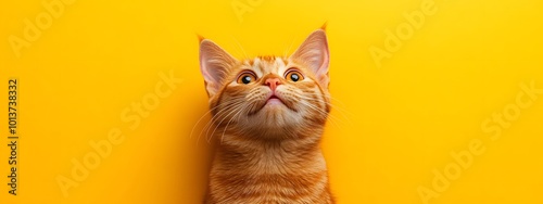 A cute orange cat looking up at the camera, sitting on an isolated yellow background with copy space