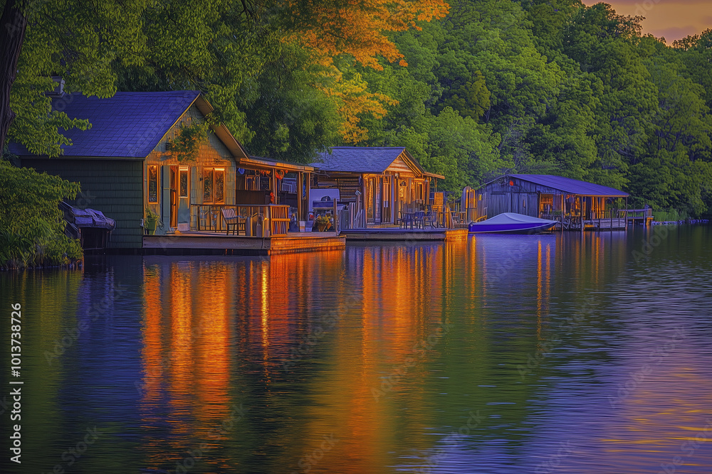 Obraz premium Tranquil Lakeside Retreat at Sunset