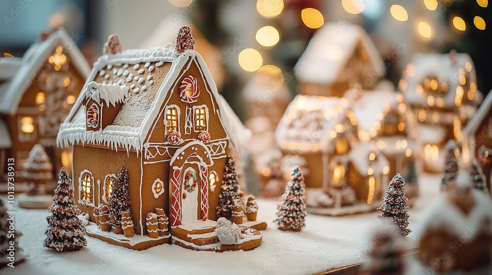 Gingerbread Houses, a whimsical display of decorated gingerbread houses, with copy space, Christmas Day Gingerbread Houses, a whimsical display of decorated gingerbread houses, with copy space, Christmas Day