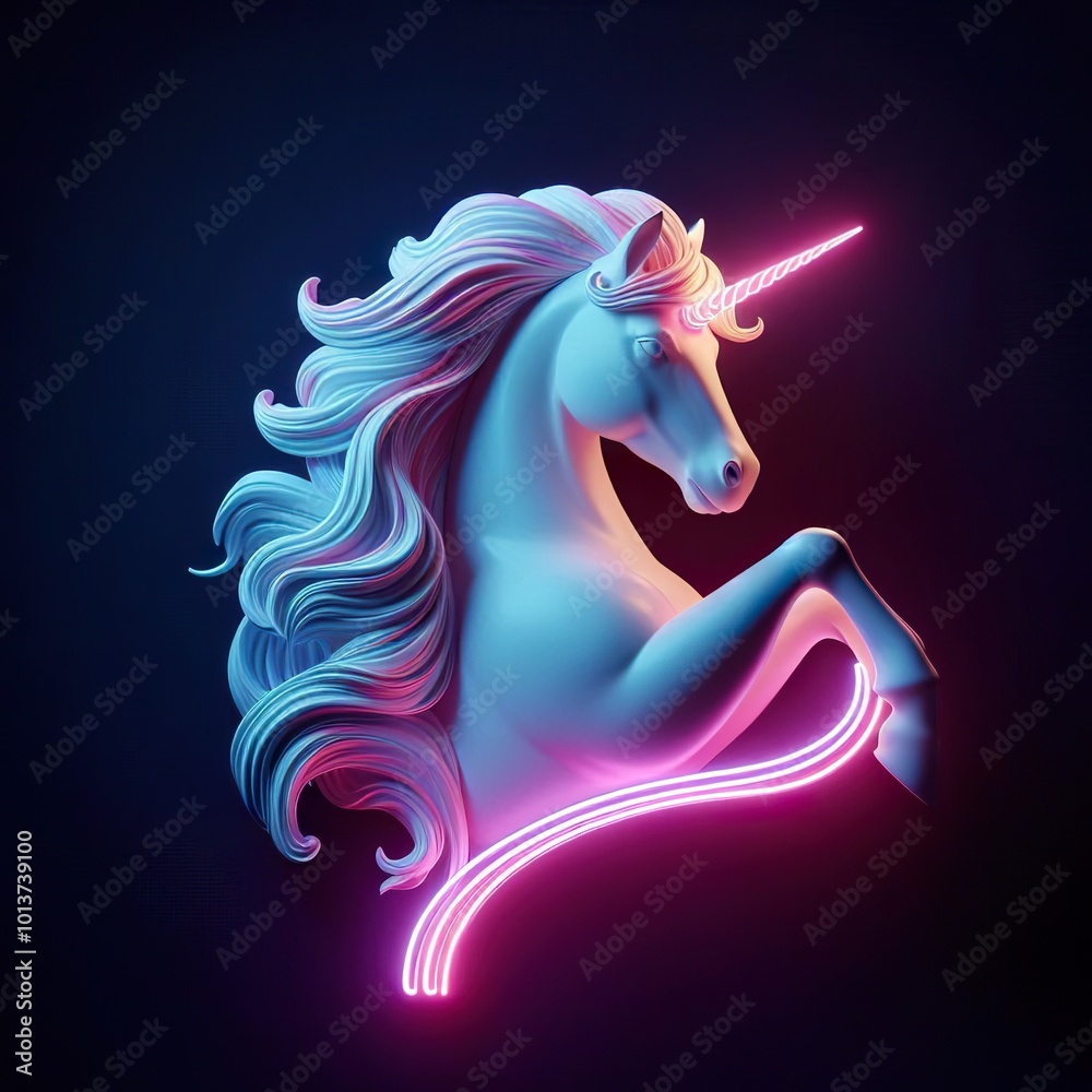 A Beautiful unicorn on a black background. 3D rendering. Neon lights A Beautiful unicorn on a black background. 3D rendering. Neon lights