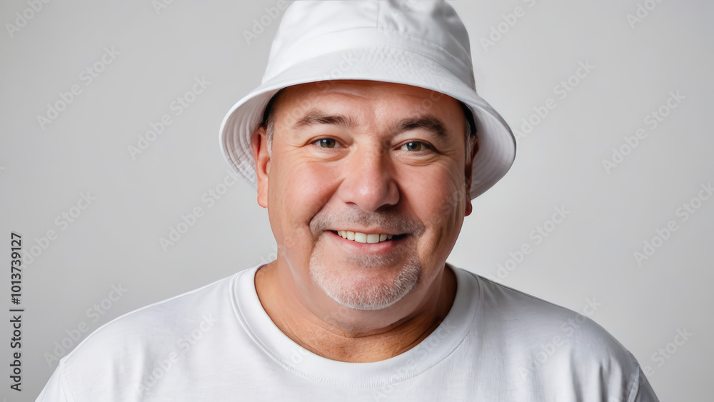Plus size man wearing white t-shirt and white bucket hat isolated on grey background Plus size man wearing white t-shirt and white bucket hat isolated on grey background