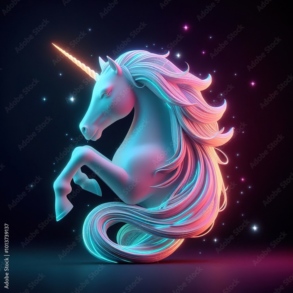 A Beautiful unicorn on a black background. 3D rendering. Neon lights A Beautiful unicorn on a black background. 3D rendering. Neon lights