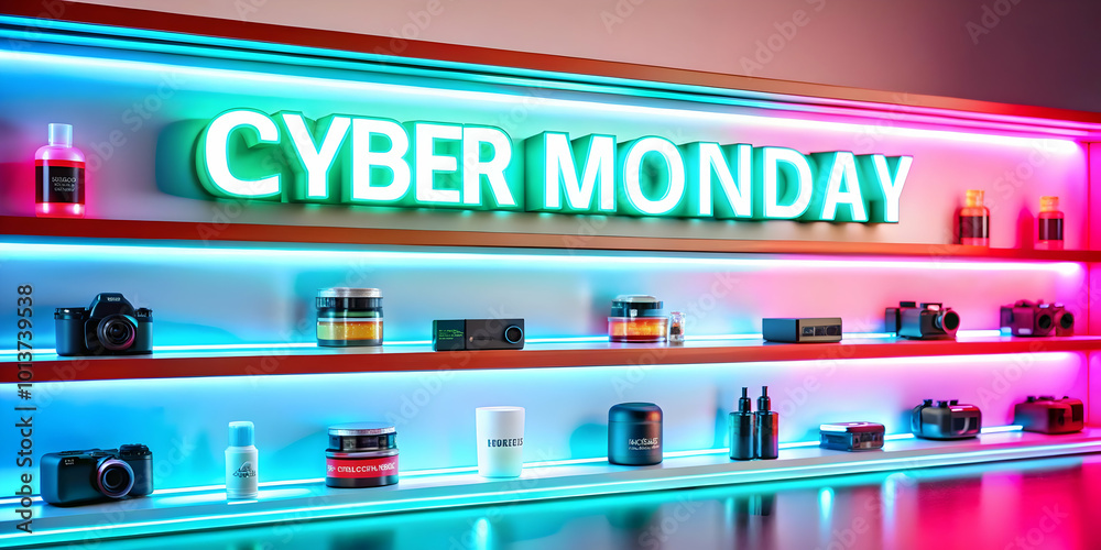 Obraz premium Glossy Digital Store Shelves with Glowing Products - Cyber Monday E-commerce Concept, Futuristic Banner Design for Promotions
