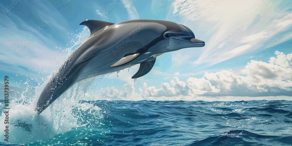 Obraz premium A playful dolphin leaping out of the ocean, its gray body contrasting against the deep blue sea and tropical sky.