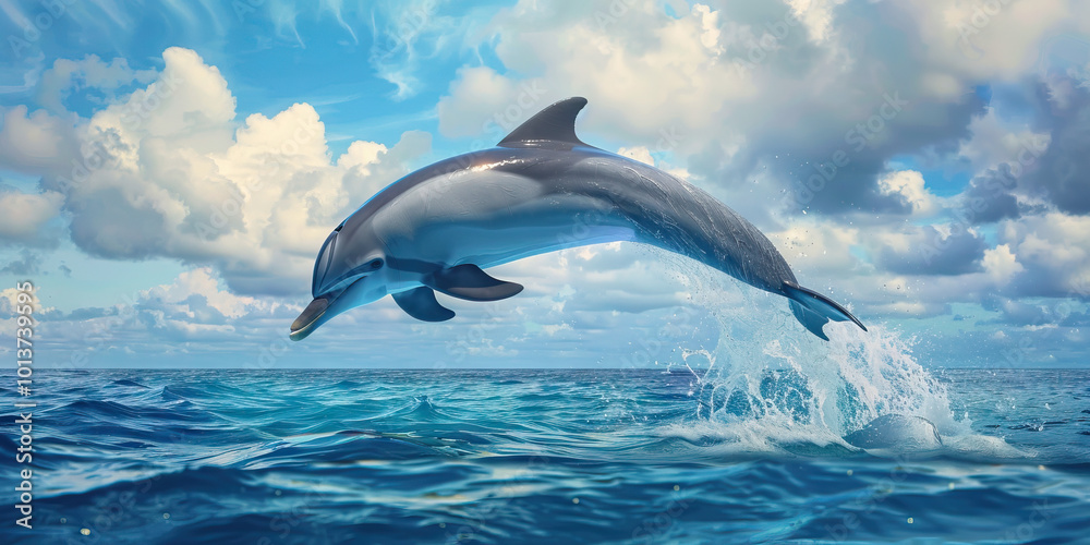 Naklejka premium A playful dolphin leaping out of the ocean, its gray body contrasting against the deep blue sea and tropical sky.