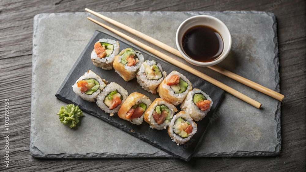 Freshly made sushi rolls with salmon, cucumber, and avocado, served on a slate plate with soy sauce and chopsticks. Freshly made sushi rolls with salmon, cucumber, and avocado, served on a slate plate with soy sauce and chopsticks.