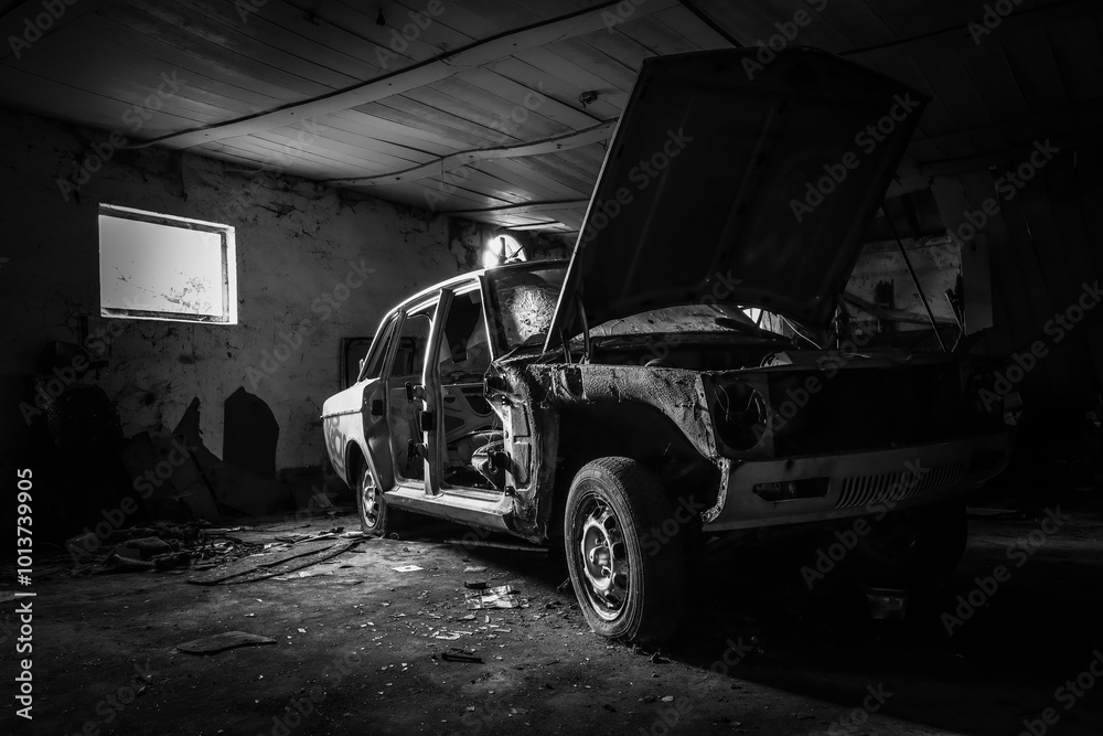 Obraz premium front view of an old car wreck in black and white