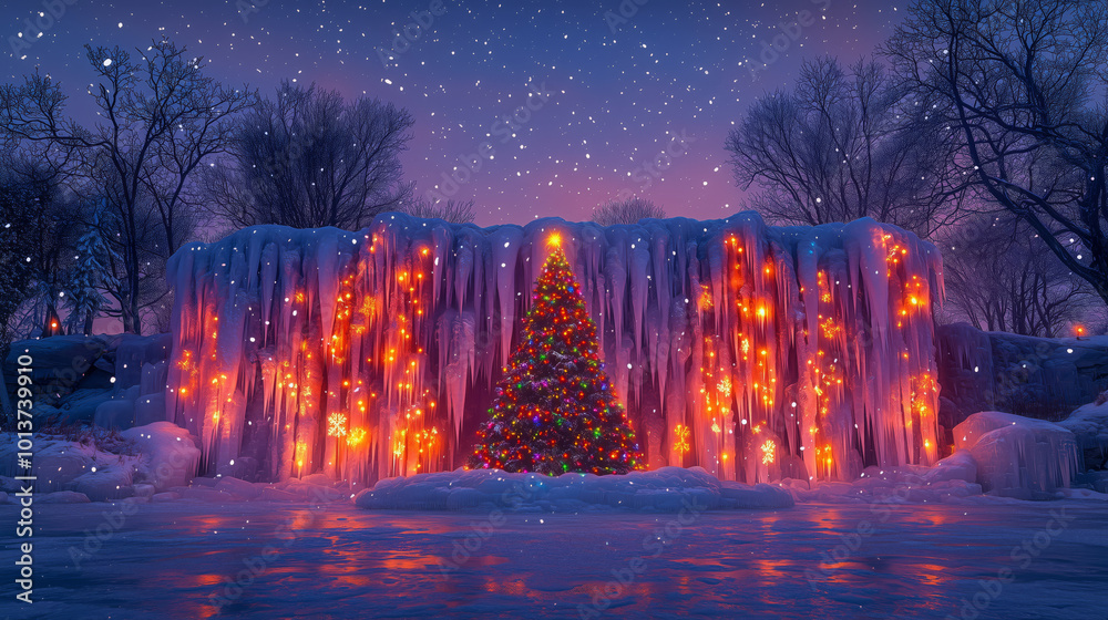 Obraz premium Frozen waterfall covered in glistening holiday lights