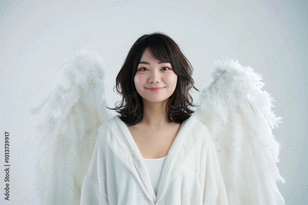 Beautiful young Asian woman dressed as an angel, complete with fluffy, white wings. Her serene smile and the minimalist background making it perfect for themes of purity and grace. Beautiful young Asian woman dressed as an angel, complete with fluffy, white wings. Her serene smile and the minimalist background making it perfect for themes of purity and grace.