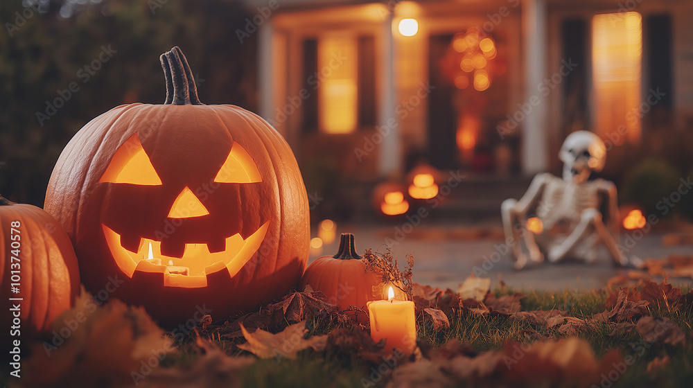 A front yard decorated for Halloween with carved pumpkins, skeletons, and flickering candles, creating a haunted atmosphere A front yard decorated for Halloween with carved pumpkins, skeletons, and flickering candles, creating a haunted atmosphere