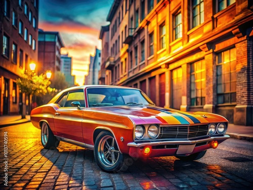 Discover a stunning display of vintage muscle cars, featuring rich colors and timeless aesthetics, perfectly set within urban environments that emphasize their legendary charm.