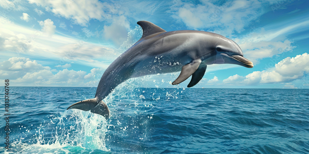 Fototapeta premium A playful dolphin leaping out of the ocean, its gray body contrasting against the deep blue sea and tropical sky.
